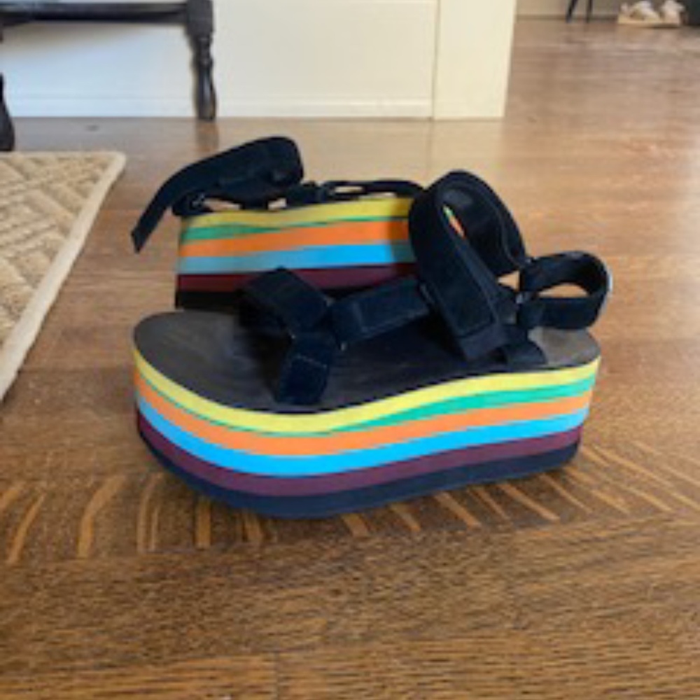Black Tevas with multicolor platforms
